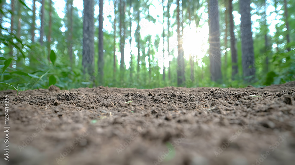 Forest floor sunlight, pine trees background, nature scene Forest floor sunlight, pine trees background, nature scene