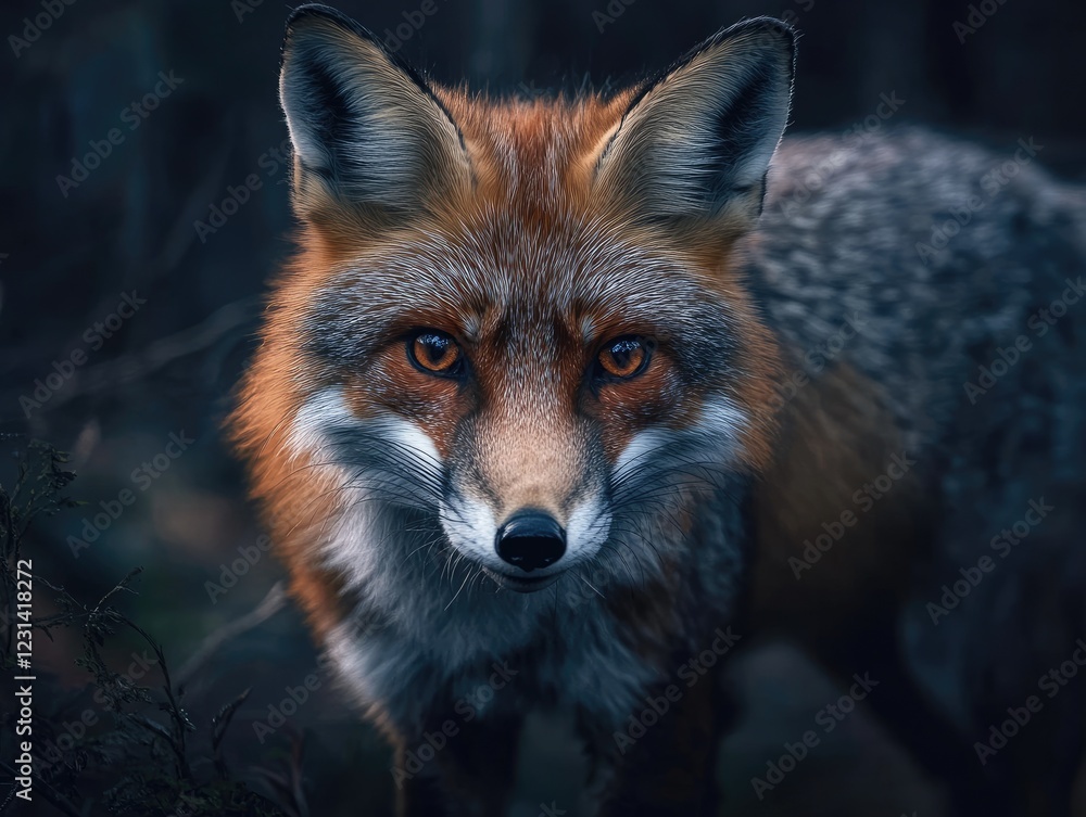 Fototapeta premium Captivating close-up portrait of a red fox with intense orange eyes in a dark forest environment