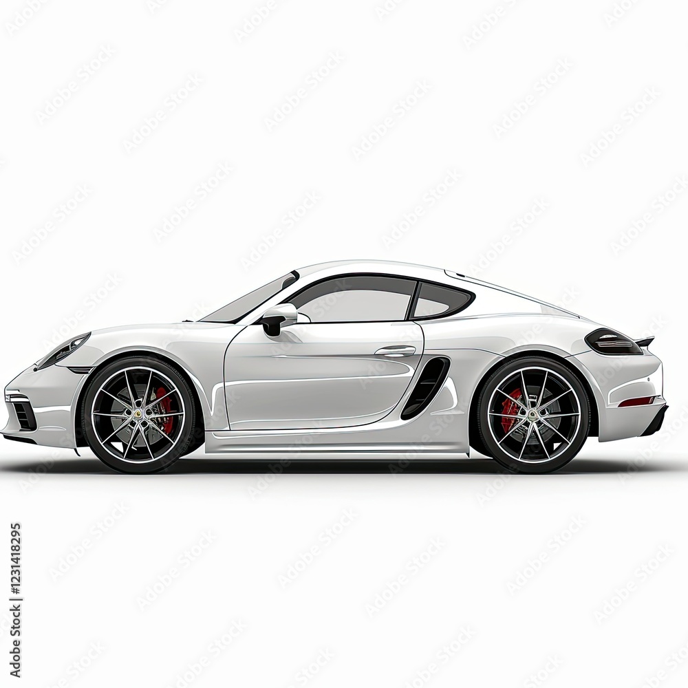 A sleek white sports car viewed from the side, showcasing its design and performance features. isolated on white background