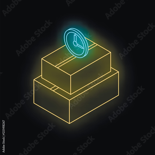 Neon isometric boxes with clock representing fast delivery service, shipping and logistics concept