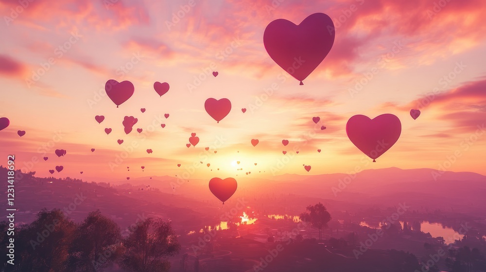 Obraz premium Pink heart-shaped balloons drifting in the sky at dawn, with a gentle, romantic atmosphere created by the first light of day