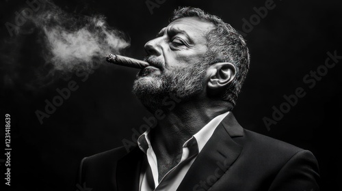 Monochrome portrait of a mature man smoking a cigar.