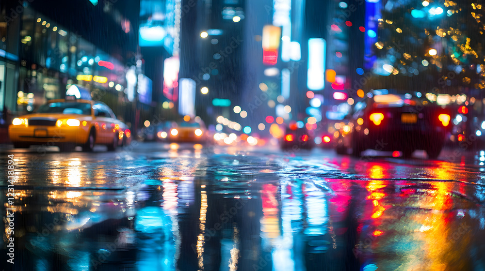 street at night with neon lights reflecting on wet pavement and blurred motion of passing cars street at night with neon lights reflecting on wet pavement and blurred motion of passing cars