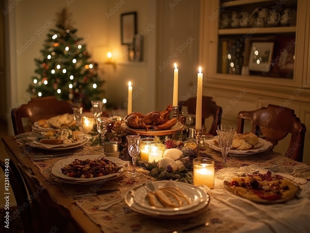 Fototapeta premium Festive Christmas dinner table scene with roasted meat, candlelight, and Christmas tree in background.