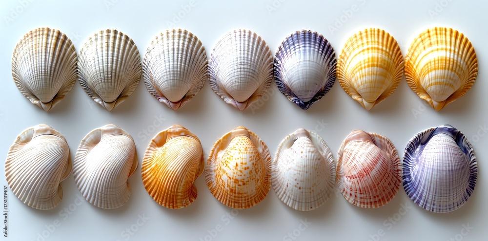 Seashell Collection: Vibrant Hues and Delicate Textures in a Coastal Arrangement Seashell Collection: Vibrant Hues and Delicate Textures in a Coastal Arrangement