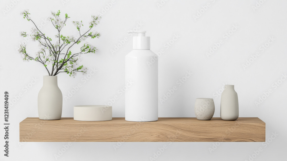 Neutral-toned bathroom shelf with white bottle, vase of white flowers, and small decorative vessels. Neutral-toned bathroom shelf with white bottle, vase of white flowers, and small decorative vessels.