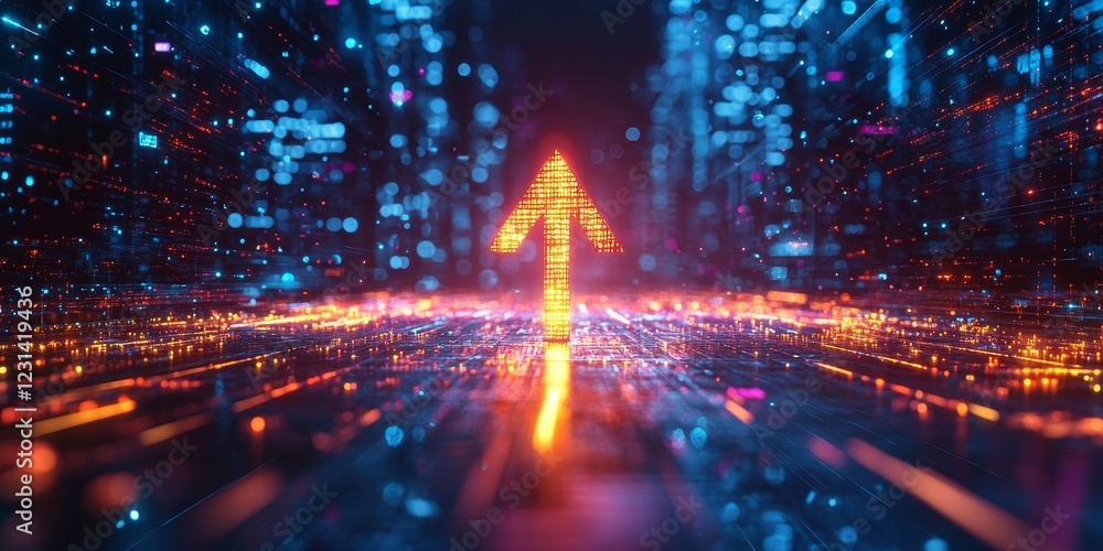 Virtual digital arrow up, financial growth, interest rate increase, inflation, high modern banner Virtual digital arrow up, financial growth, interest rate increase, inflation, high modern banner