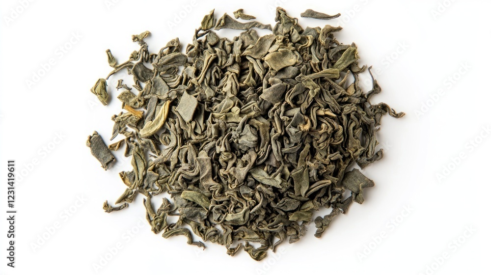 Dried green tea leaves arranged on white background Dried green tea leaves arranged on white background