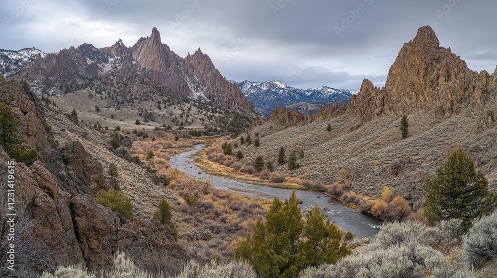 Panoramic view of a river winding through a rugged mountain valley under a cloudy sky. Panoramic view of a river winding through a rugged mountain valley under a cloudy sky.