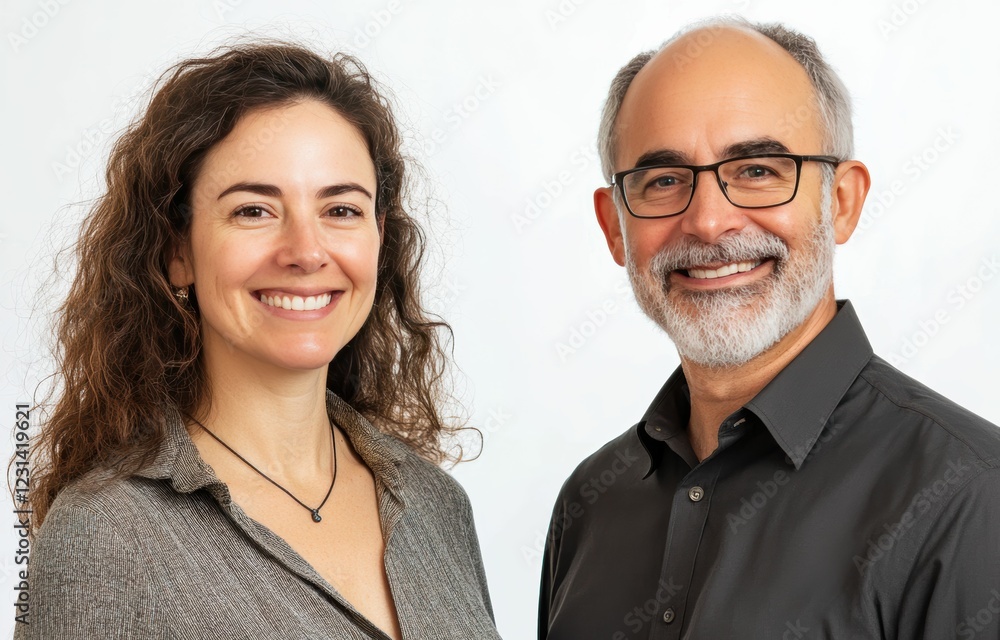 The man and woman casual attire business shirt and warm smiles highlight a simple yet strong business partnership standing together on white background. The man and woman casual attire business shirt and warm smiles highlight a simple yet strong business partnership standing together on white background.