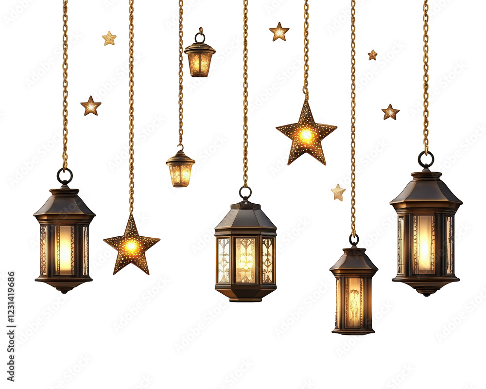 Obraz premium Hanging lanterns and stars create warm, inviting atmosphere, perfect for festive occasions or cozy settings. golden chains add elegance to display