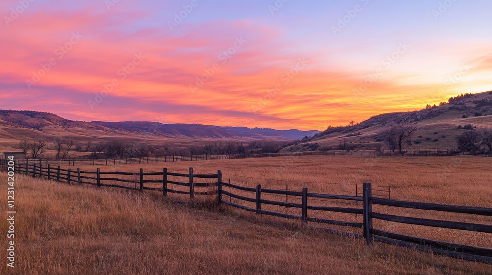 Sunrise over a fenced ranch with a warm, glowing sky, ideal for rural, farm, or peaceful countryside imagery Sunrise over a fenced ranch with a warm, glowing sky, ideal for rural, farm, or peaceful countryside imagery