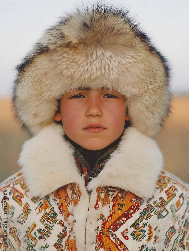 An Asian child is wearing a fur hat An Asian child is wearing a fur hat