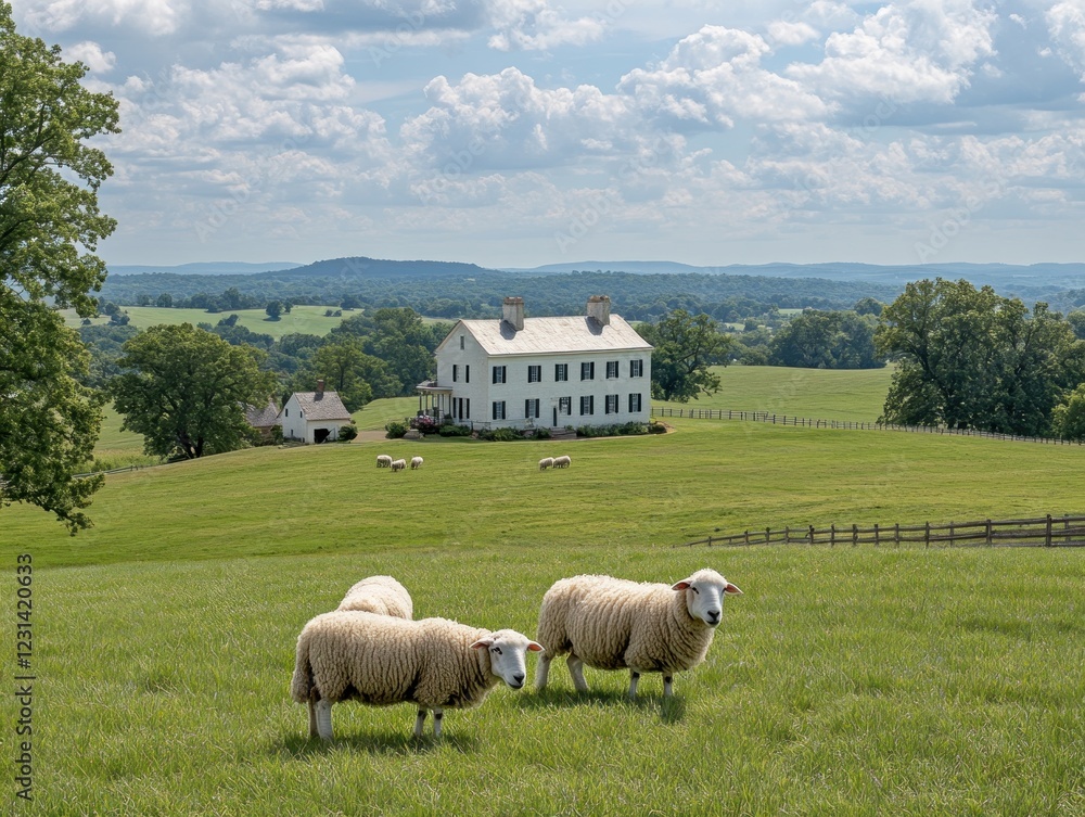 Obraz premium Idyllic rural scene sheep grazing on a grassy hill, overlooking a large white farmhouse and rolling green landscape under a partly cloudy sky.