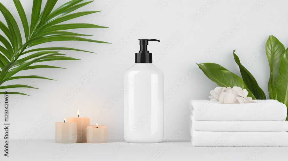 Spa-like setting with candles, a pump bottle, and lush greenery. Serene and calming atmosphere. Spa-like setting with candles, a pump bottle, and lush greenery. Serene and calming atmosphere.