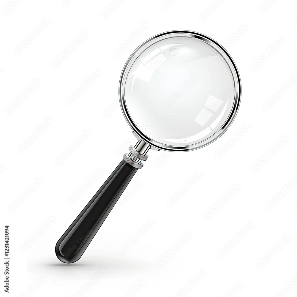 A magnifying glass with a black handle, used for magnifying small text or objects. isolated on white background A magnifying glass with a black handle, used for magnifying small text or objects. isolated on white background