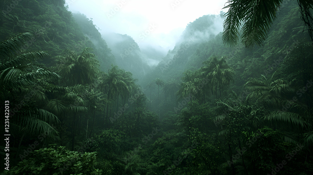 Misty Rainforest Valley, Lush Greenery, Travel Poster Misty Rainforest Valley, Lush Greenery, Travel Poster