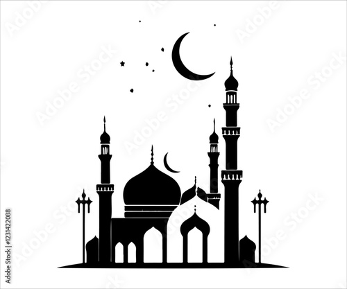 Mosque silhouette and crescent moon on white background. Vector illustration.