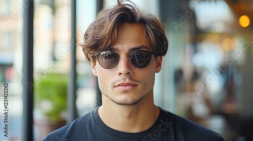 A man with a distinctive, asymmetrical haircut, wearing a black t-shirt and sunglasses, standing in an urban setting. photo