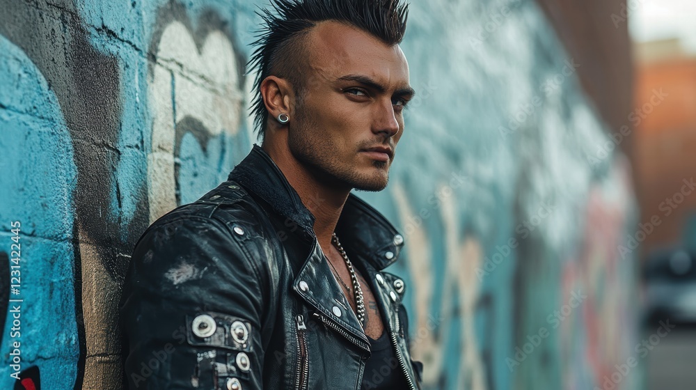 Fototapeta premium A man with a distinctive mohawk hairstyle, wearing a leather jacket and standing confidently in front of a graffiti-covered wall.