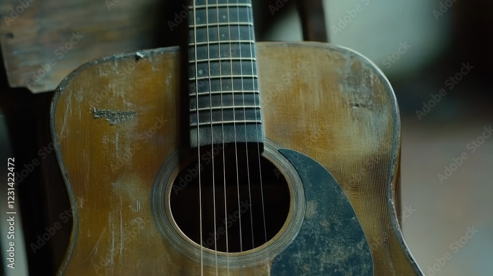 Fototapeta premium Close-up of a weathered acoustic guitar, showing its worn body, fretboard, and soundhole.