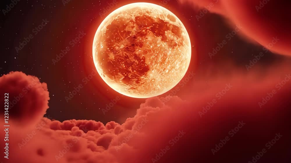 Glowing Red Moon Illuminates Night Sky Surrounded by Dramatic Clouds Creating Surreal Atmospheric Celestial Scene with Vibrant Red Full Moon Casting Warm Glow Over Fluffy Clouds Glowing Red Moon Illuminates Night Sky Surrounded by Dramatic Clouds Creating Surreal Atmospheric Celestial Scene with Vibrant Red Full Moon Casting Warm Glow Over Fluffy Clouds