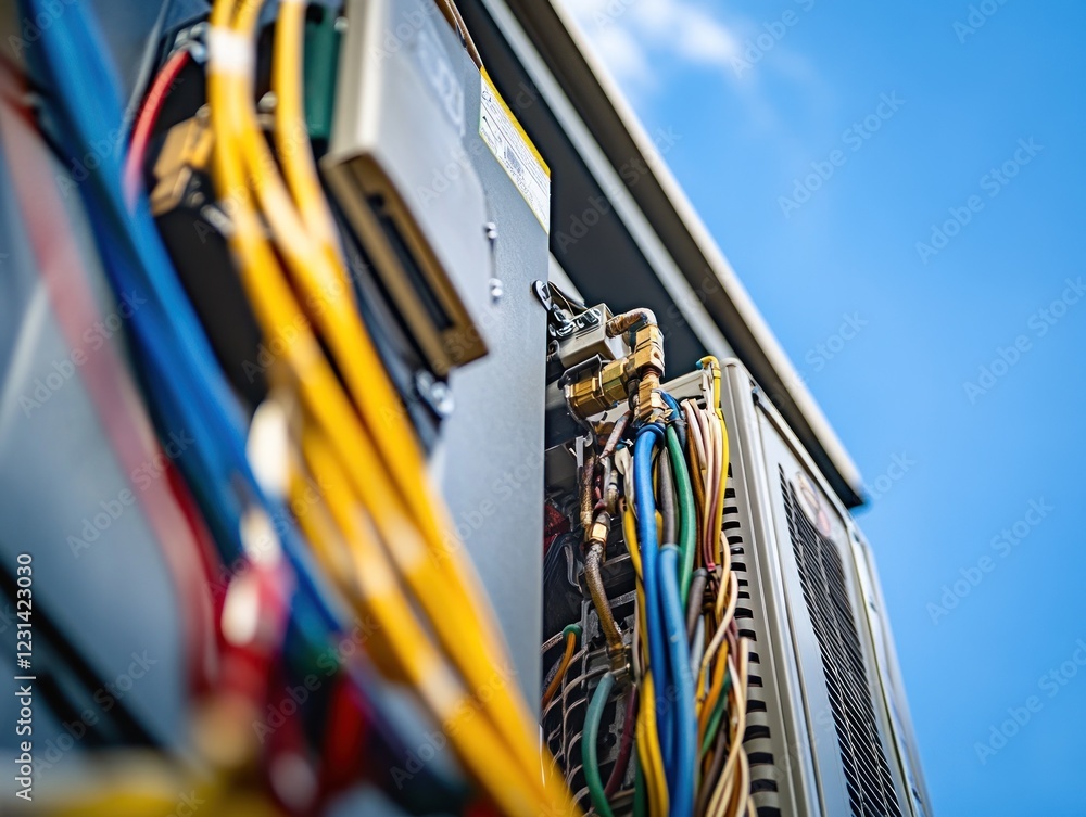 Close-up of air conditioning unit exterior with various colorful wires and pipes against a blue sky. Close-up of air conditioning unit exterior with various colorful wires and pipes against a blue sky.