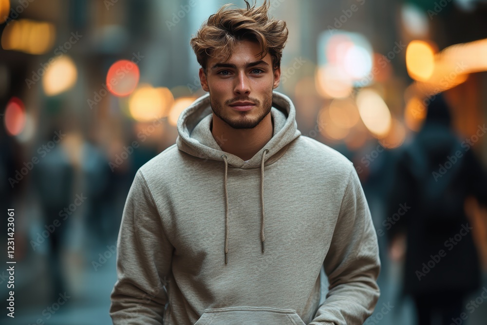 Fototapeta premium A man with a messy, tousled hairstyle, wearing a hoodie and jeans, walking through a lively city street with an urban vibe.