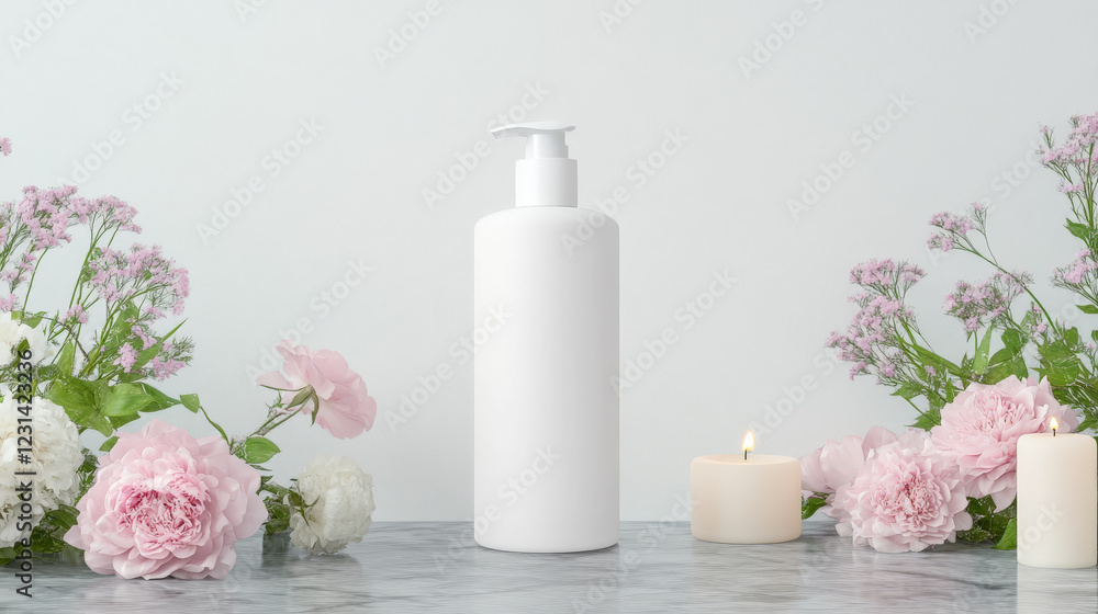 Serene spa setting with a pump bottle, candles, and delicate pink flowers. A calming and minimalist aesthetic. Serene spa setting with a pump bottle, candles, and delicate pink flowers. A calming and minimalist aesthetic.