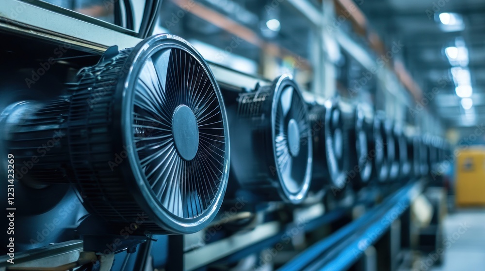 Fototapeta premium A row of industrial fans in a manufacturing setting, highlighting machinery and airflow.
