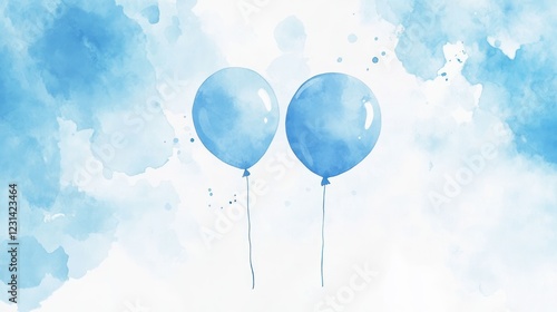 Two blue watercolor balloons float, abstract background, invitation