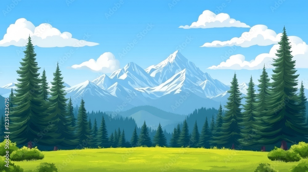 Fototapeta premium Majestic snow-capped mountains rise above a verdant valley, framed by evergreen trees