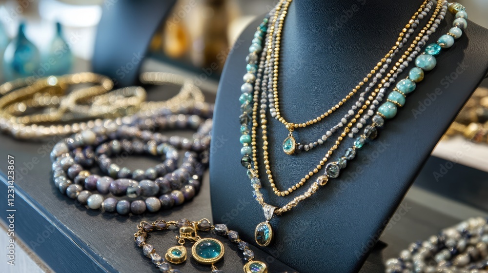 Fototapeta premium An aesthetic jewelry display with layered necklaces of varying lengths, highlighting the versatility of the trend.