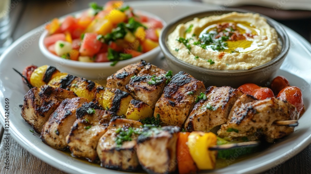 Grilled chicken skewers with hummus, vegetables, and salsa.