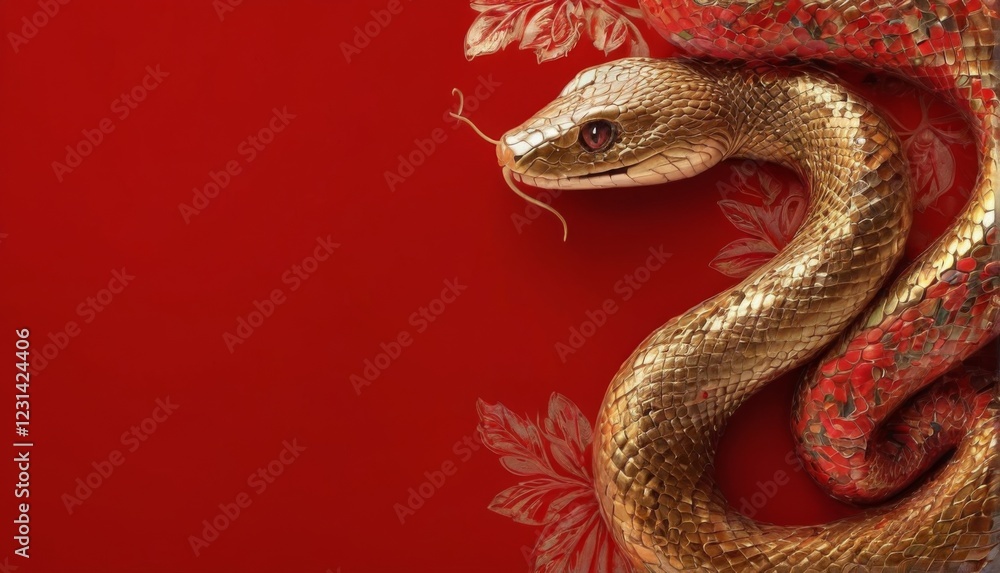Golden snake illustration on red background with intricate details and luxurious floral pattern, creating a striking red and gold contrast. Golden snake illustration on red background with intricate details and luxurious floral pattern, creating a striking red and gold contrast.