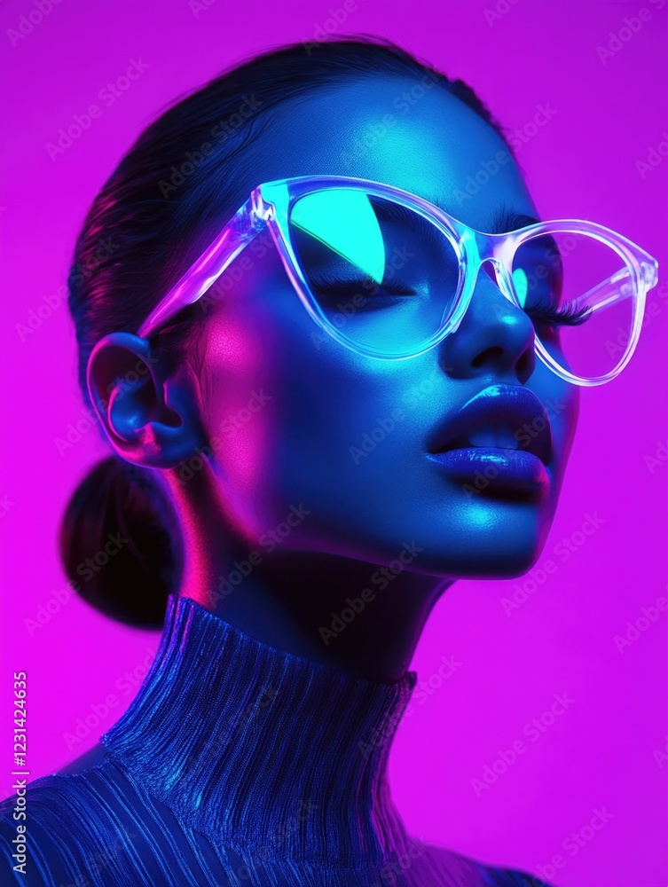 Bold portrait showcases striking eyewear against vibrant neon ba Bold portrait showcases striking eyewear against vibrant neon ba