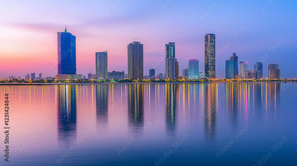 Obraz premium Futuristic cityscape at sunset exploring nanotechnology and energy storage innovations urban landscape science and technology