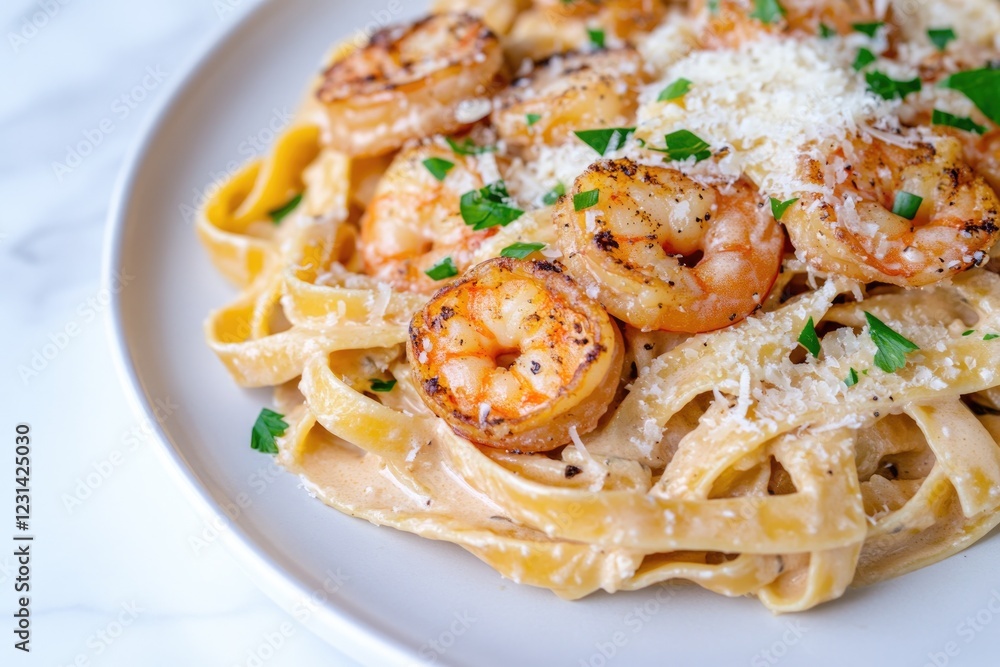 Creamy fettuccine topped with succulent shrimp and garnished wit Creamy fettuccine topped with succulent shrimp and garnished wit
