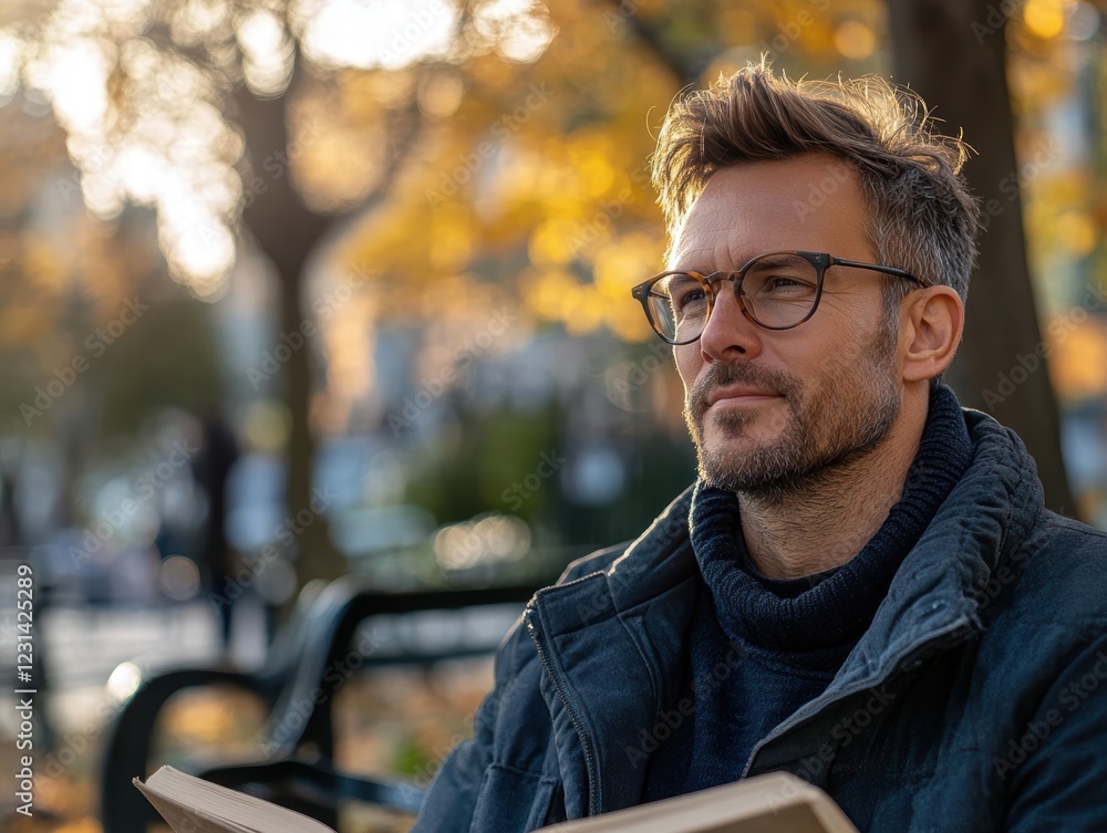 A man with glasses and a light stubble, sitting on a park bench, enjoying a book in the warm afternoon sun. A man with glasses and a light stubble, sitting on a park bench, enjoying a book in the warm afternoon sun.