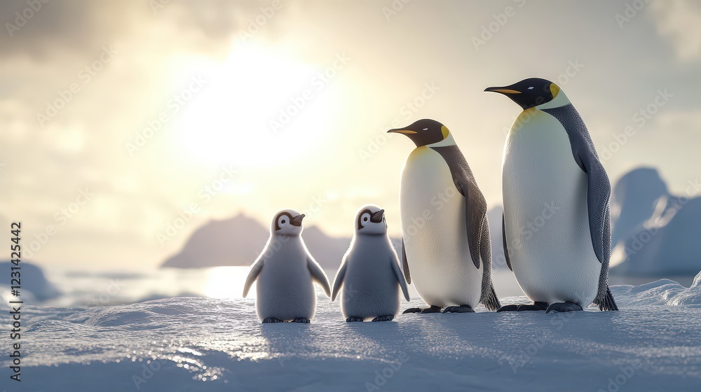 Obraz premium Emperor Penguin Family at Sunset: A heartwarming scene of an emperor penguin family—two adults and two fluffy chicks—standing together against a backdrop of a breathtaking Antarctic sunset.