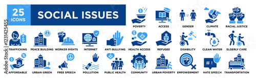 Social Issues icon collection set. Containing design Poverty, Education Access, Gender Equality, Climate Action, Racial Justice	