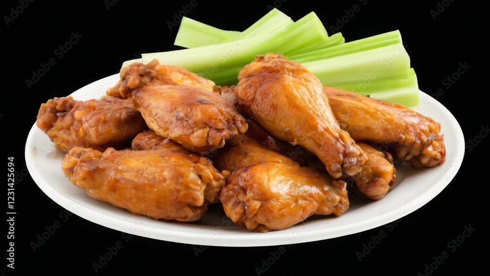 Golden brown crispy chicken wings with fresh celery stalks on a white plate against a black background. Golden brown crispy chicken wings with fresh celery stalks on a white plate against a black background.