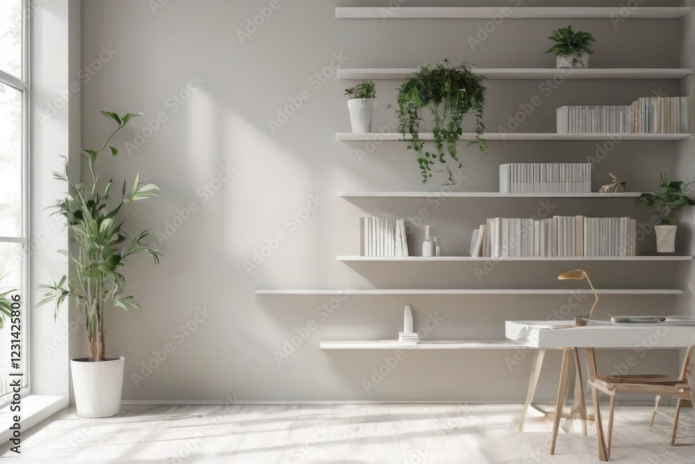 Modern home office with large window, white curtains, natural light, white desk, wooden chair, potted plant, and minimal decor. Modern home office with large window, white curtains, natural light, white desk, wooden chair, potted plant, and minimal decor.