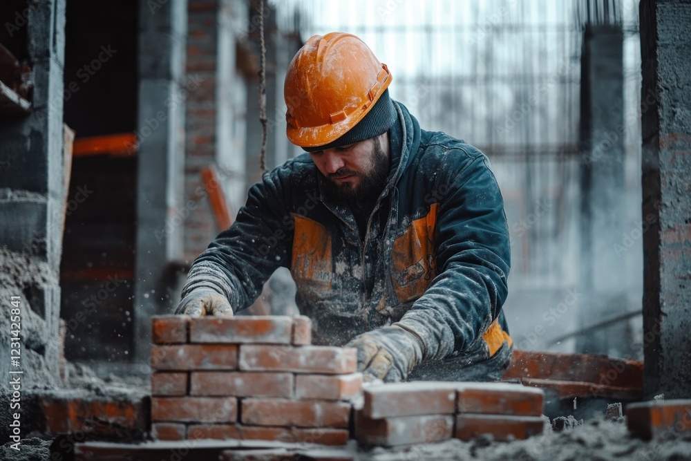 A construction worker lays bricks on a building site, wearing a hard hat and work gloves. A construction worker lays bricks on a building site, wearing a hard hat and work gloves.