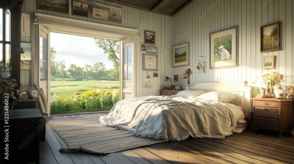 A charming country-style home with a cozy pet corner featuring blankets and cushions A charming country-style home with a cozy pet corner featuring blankets and cushions