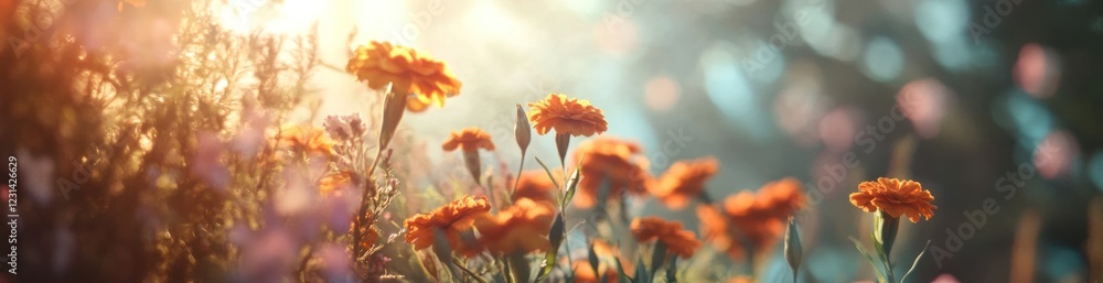 Obraz premium Orange flowers in a sunlit garden with bokeh background.