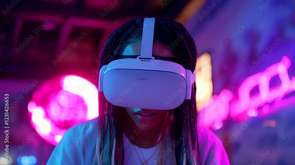 Immersive Virtual Reality Experience: A Woman's Amazement in a Neon-Lit Arcade Immersive Virtual Reality Experience: A Woman's Amazement in a Neon-Lit Arcade