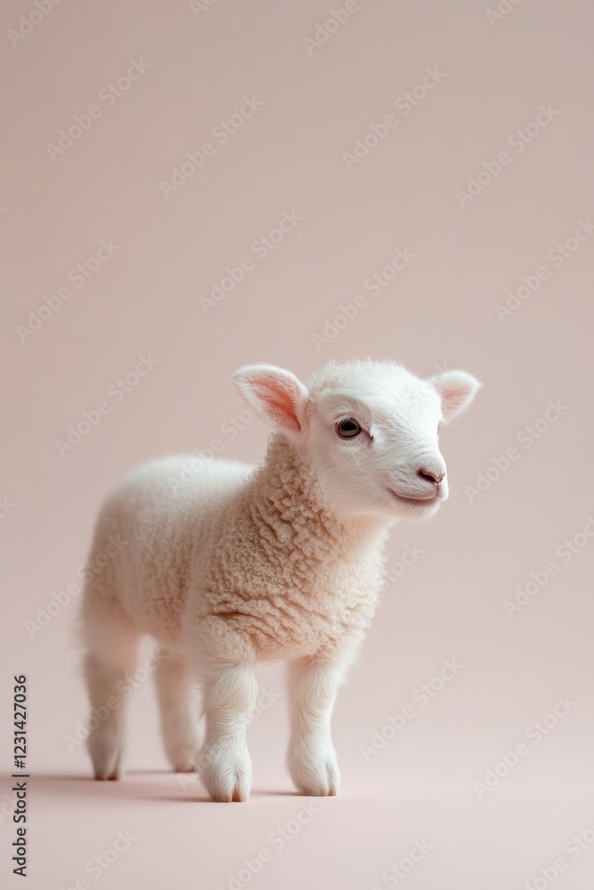 Cute lamb stands against soft pastel backdrop, showcasing fluffy Cute lamb stands against soft pastel backdrop, showcasing fluffy