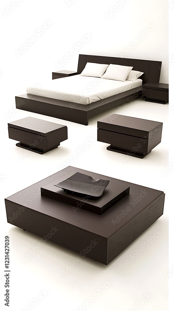 A bed with a white pillow and a black and brown nightstand A bed with a white pillow and a black and brown nightstand
