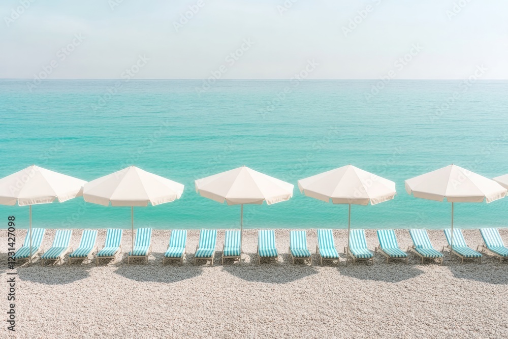 Tranquil beach scene features sun loungers and white umbrellas l Tranquil beach scene features sun loungers and white umbrellas l